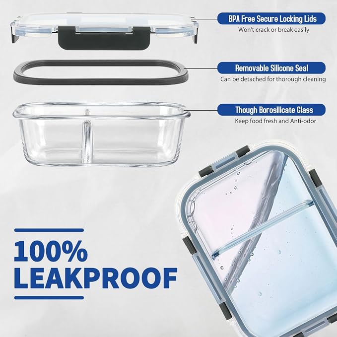 AMALEKO 42pcs Glass Food Storage Containers with Lids Set, 21 Containers & 21 Lids Glass Meal Prep Containers with Snap Locking Lid Set, Leak Proof Lunch Container BPA-Free,Grey
