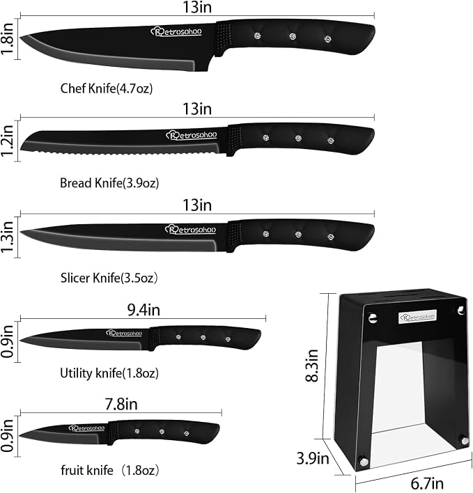 Kitchen Knife Set, Black Flower 6PC Stainless Steel Sharp Chef Knife Set with Acrylic Stand, Cooking Non-slip Knife Set with Block, Non-stick Colorful Coating Gift for Women Girls (Dark Black)