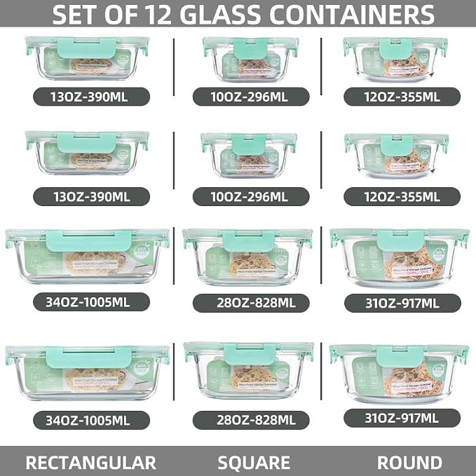 12 Pack Glass Storage Containers Transparent, Stackable Design Meal Prep Containers for Food Storage, Home, Kitchen & Pantry Organization, Microwave/Freezer/Dishwasher Safe