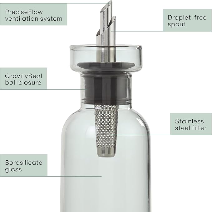 AdHoc AromaPour Grey Glass Oil and Vinegar Bottle, 300ml Filtered Non-Drip Dispenser for Oil and Vinegar, Dishwasher Safe,