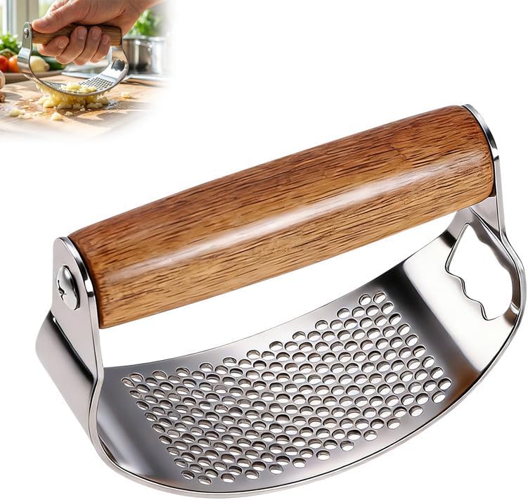 Stainless Steel Garlic Press Rocker with Garlic Peeler & Cleaning Brush