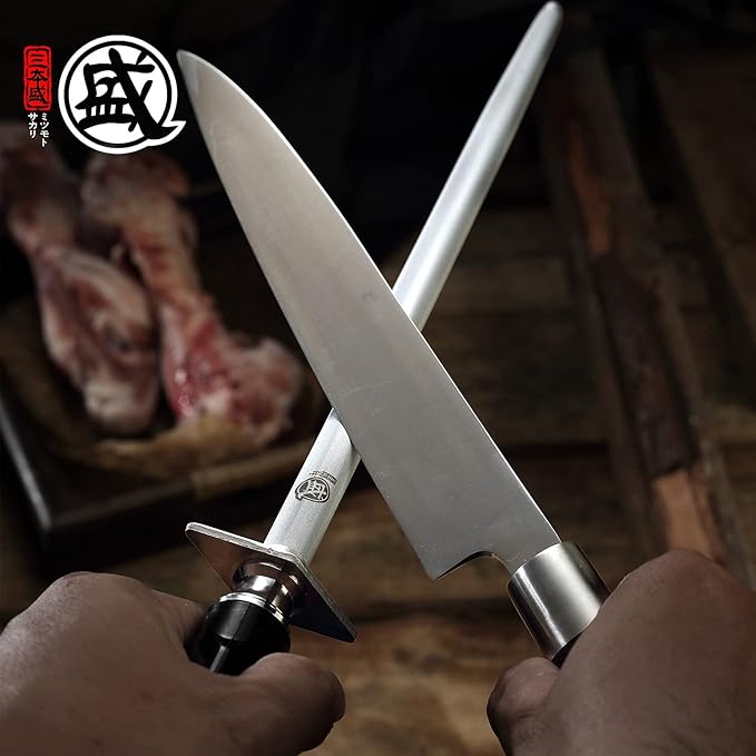 MITSUMOTO SAKARI 12 inch Japanese Honing Steel - Flat Diamond Knife Sharpening Rod, Professional High Carbon Sharpener with ABS Handle & Powerful Magnet | Long flat diamond surface for broader contact, high carbon steel rod, ABS handle and built-in magnet