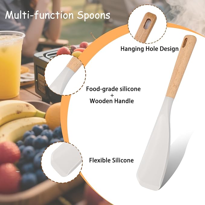 Silicone Spatula Set of 3 with Wood Handle, Multifunction Spoon for Nonstick Cookware, Heat Resistant Cooking Spoons and Scraper for Mixing, Scoop and Scrape (White)