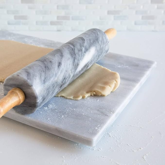 Fox Run Polished Marble Rolling Pin with Wooden Cradle, 10-Inch Barrel, White | Marble Stays Cool For Pastry | Heavy Dough Roller For Easy Rolling & Baking | Includes Stand | Naturally Non-Stick Surface