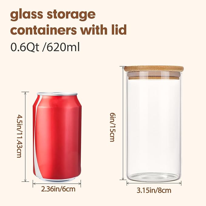 6pcs Glass Food Storage Containers with Bamboo Lids, 0.6qt Glass Jars | Airtight Pantry Storage Jars for Flour, Sugar, Dry Goods