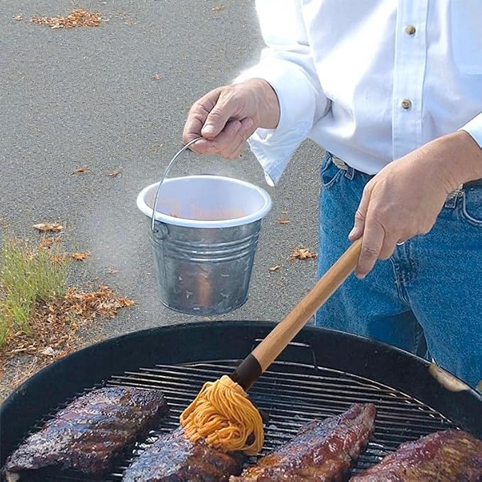 15.5in Basting Mop Brush for BBQ Grilling - Wooden Handle Detachable with 2 Replacement Heads &Silicone Brush - Grill Tools for Outdoor Cooking, Camping, Smoking
