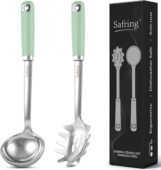 Safring Stainless Steel Soup Ladle and Spaghetti Spoon Set, Heat Resistant Rubber Handle, Dishwasher Safe, Kitchen Utensils for Cooking, Stirring, Serving Pasta, Soup & Sauce (Mint)