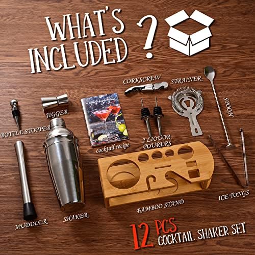 Wukuna Cocktail Shaker Set Bartender Kit, 12-Pcs Bar Tool with Bamboo Stand