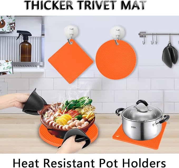 Silicone Trivet Pot Mat, Silicone Pot Holders for Hot Pan and Pot Pads. Heat Resistant Counter Mats for Tables Placemats,Countertops, Spoon Rest and Large Coasters (4Pack Orange)