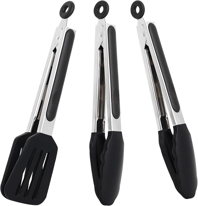 9 Inch Kitchen Tongs with Silicone Tips Set of 3(Black) | Stainless Steel Handle, Non-Scratch, Heat Resistant