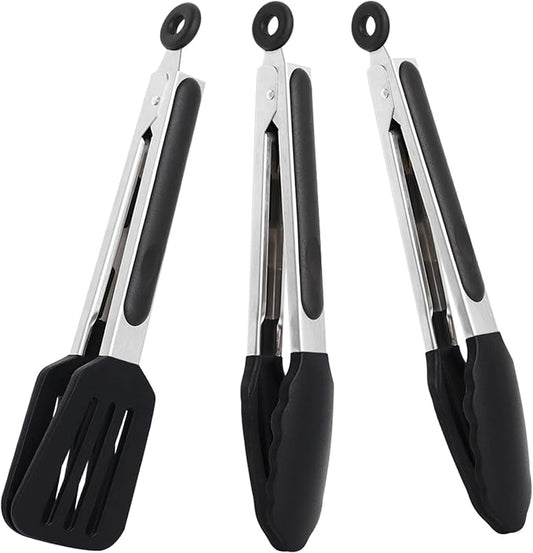9 Inch Kitchen Tongs with Silicone Tips Set of 3(Black) | Stainless Steel Handle, Non-Scratch, Heat Resistant