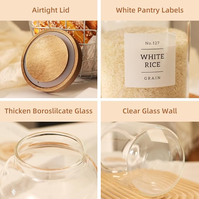 2 Pack Glass Food Storage Containers with Airtight Acacia Wood Lids and 132 Kitchen Pantey Labels Preprint - 43 LF OZ Borosilicate Glass Canister Sets for Food,Coffee,Cookie,Tea,Candy,Sugar