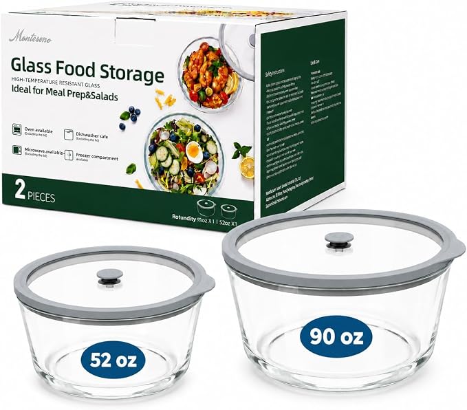 2 Pack Extra Large Glass Food Storage Containers with Lids, 90 oz & 52 oz | Airtight & Leakproof Glass Containers Microwave Freezer Dishwasher Safe Premium Borosilicate Glass for Meal Prep