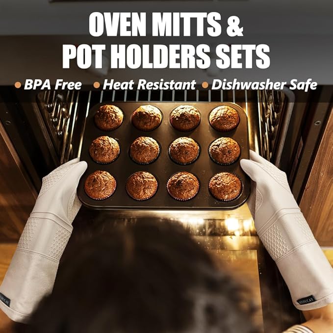 Rorecay Oven Mitts and Pot Holders Sets 6pcs, Extra Long Kitchen Silicone Oven Gloves High Heat Resistant 500 Degrees Non-Slip Potholders Hot Pads for Baking Cooking, Milkshake