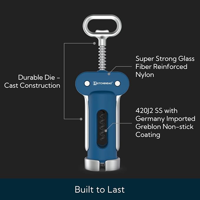 KITCHENDAO Luxury 3 in 1 Wine Opener with Foil Cutter, Beer Bottle Opener, Sturdy Zinc Alloy Wing Corkscrew with Self-centering Non-stick Sharp Screw, Easy to Remove Cork, Manual Corkscrew (Blue)