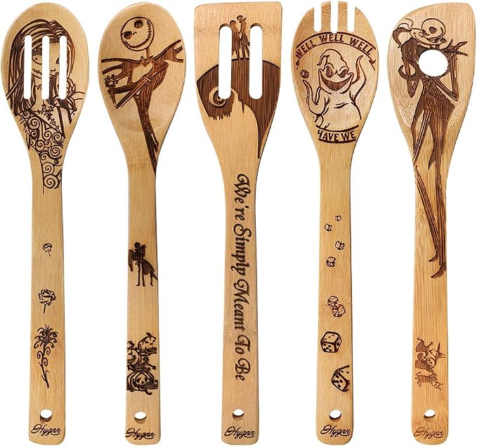Halloween Idea Utensil Burned Wooden Spoons Set House Warming Wedding Present Slotted Spoon 5 Piece SpoonSet