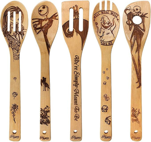 Halloween Idea Utensil Burned Wooden Spoons Set House Warming Wedding Present Slotted Spoon 5 Piece SpoonSet