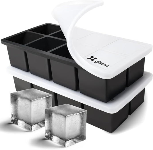 Ice Cube Molds – 2-Pack Silicone Trays for 8 Large Square Cubes – Slow-Melt Ice for Whiskey, Cocktails, Coffee & More (Black_2)