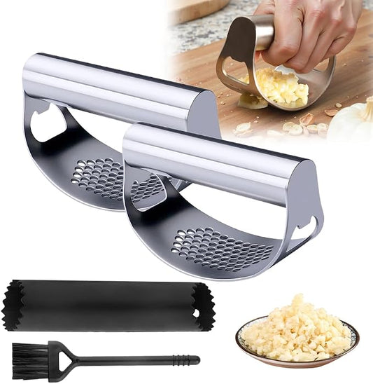 Garlic Press Rocker, 2025 NEW Stainless Steel Garlic Mincer Garlic Crusher with Peeler, Easy Clean Operate, for Home Cooks Chefs, Ideal for Food Mincing in Daily Meals Restaurants ﻿ (White 2PCS)