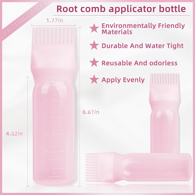 2Pack Root Comb Applicator Bottle - 6 Oz Hair Oil Applicator, Dye Bottle Tools with Oil Dispenser & Root Comb Brush - Pink