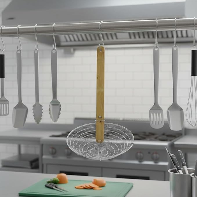 TrueCraftware- 12” Fine Mesh Skimmer with Natural Bamboo Handle- Spider Strainer Ladle Kitchen Frying Food Pasta Spaghetti for Cooking and Frying Pasta Strainer Spoon
