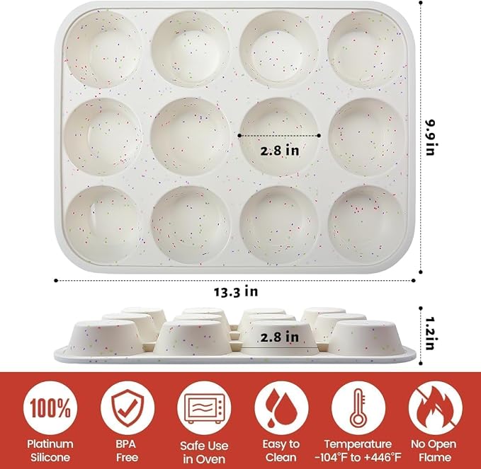 CAKETIME Silicone Muffin Pan, Metal Reinforced Frame Cupcake Pan 12 Cups Regular Size Easy to Move in or Out of Oven Non-Stick (2)