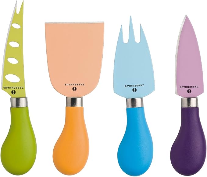 Zassenhaus Colorful Cheese Knife Set - 4-Piece, 4.5in Assorted Handles - Hard Knife, Slicer & Spreader