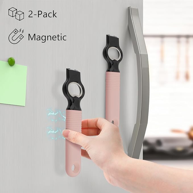 2-Pack Magnetic 2-in-1 Beer Bottle Cap & Soda Can Opener-Dark Pink | Soft Silicone Handle with Built-in Magnet Sticks to Fridges / Easy Can Tab Opener for Bartenders, Seniors, and Long nails