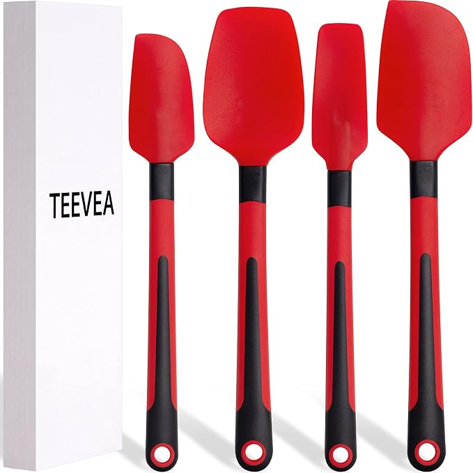 TEEVEA Silicone Spatula Set of 4 for Cooking Baking Mixing, Heat Resistant Non-Stick Dishwasher Safe BPA-Free Kitchen Utensils, Red and Black