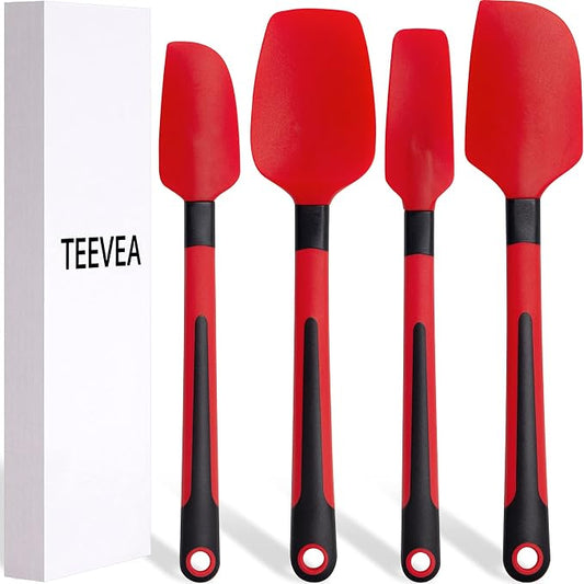 TEEVEA Silicone Spatula Set of 4 for Cooking Baking Mixing, Heat Resistant Non-Stick Dishwasher Safe BPA-Free Kitchen Utensils, Red and Black