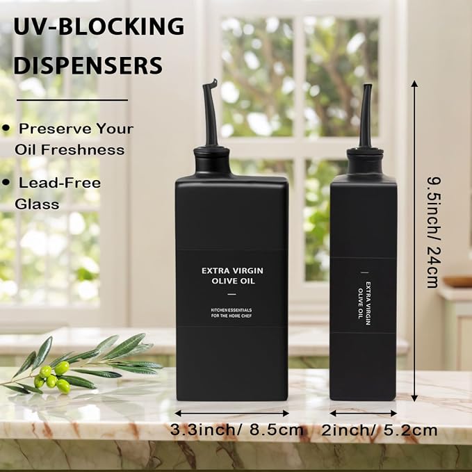 Black Glass Olive Oil Dispenser Bottle for Kitchen, UV-Blocking Oil and Vinegar Dispenser Set, Soy Sauce Dispenser, Coffee Syrup Bottles, Modern Kitchen Decor (Black, 16.9oz, 4pcs)