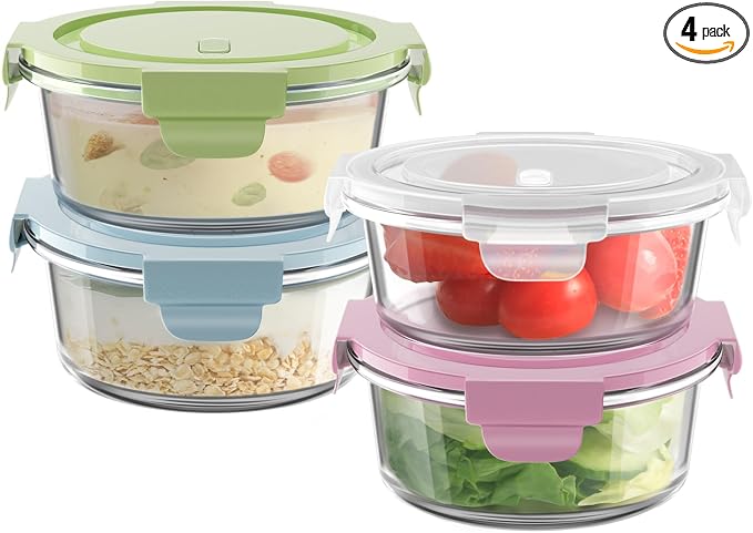 1.5Cup/12oz Small Glass Containers with Lids, Airtight Food Storage, 4 Pack | Leakproof丨Food Grade丨BPA-Free丨Borosilicate Glass丨Meal Prep Lunch Soup Leftovers丨Microwave Oven Dishwasher&Freezer Safe丨Round