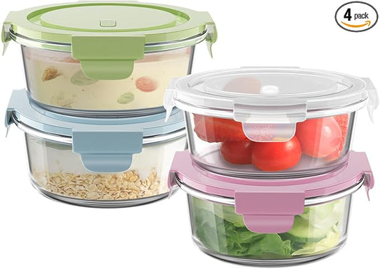 1.5Cup/12oz Small Glass Containers with Lids, Airtight Food Storage, 4 Pack | Leakproof丨Food Grade丨BPA-Free丨Borosilicate Glass丨Meal Prep Lunch Soup Leftovers丨Microwave Oven Dishwasher&Freezer Safe丨Round
