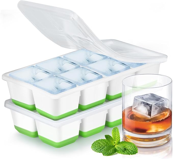 Large Ice Cube Trays with Lid, Jrisbo 2 Pack Stackable Silicone Ice Cube Molds for Freezer, Easy Release 16 Big Square Ice Trays for Whisky Cocktails