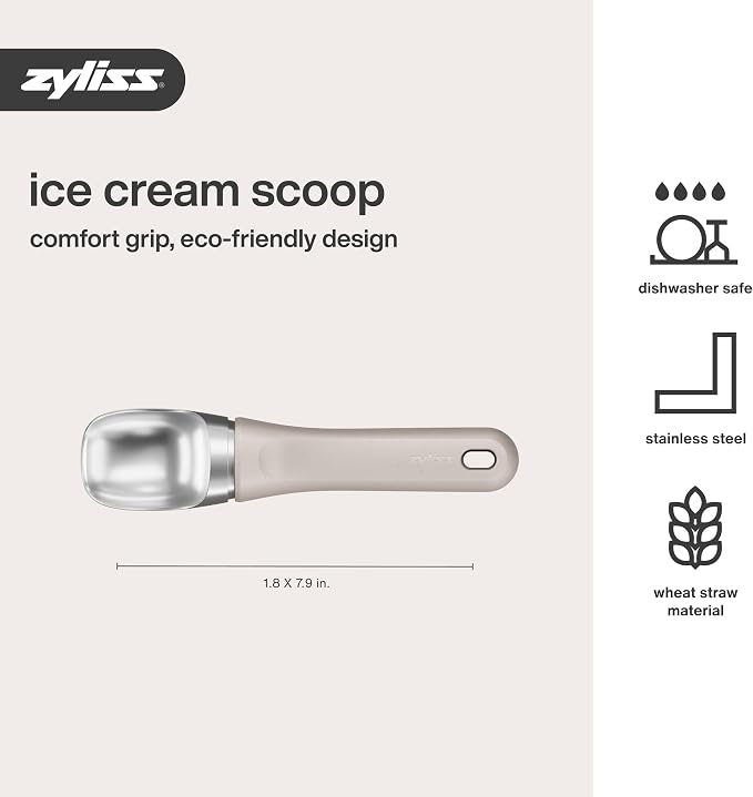 Zyliss Ice Cream Scoop - Stainless Steel Ice Cream Scoop - Dishwasher-Safe Scooper with Eco-Friendly Handle - Natural Beige