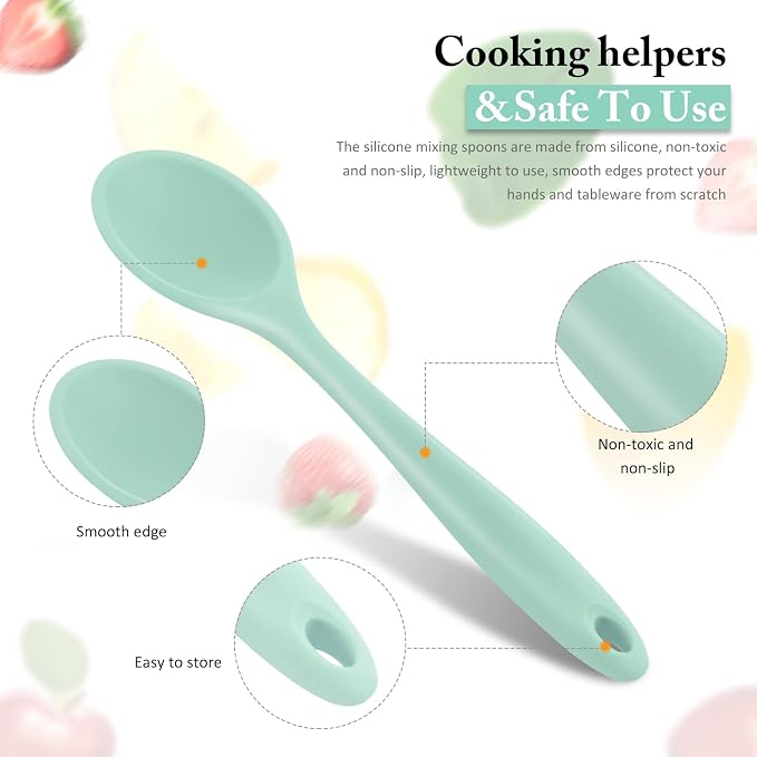 Shappy 4 Pieces Silicone Cooking Spoons 10.6 Inch Heat Resistant Kitchen Spoons for Mixing, Serving and Stirring Upgrade Large Non Stick Basting Utensils, Dishwasher Safe(Spoon,Fresh Color)