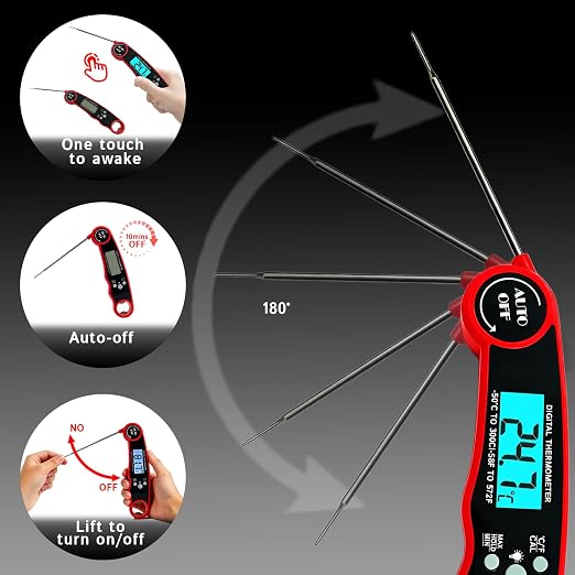 Digital Instant Read Meat Thermometer, Waterproof Red | 3-4 sec instant read cooking thermometer with ±2°F accuracy, ideal for grilling, BBQ, smoker, oven, baking & air frying