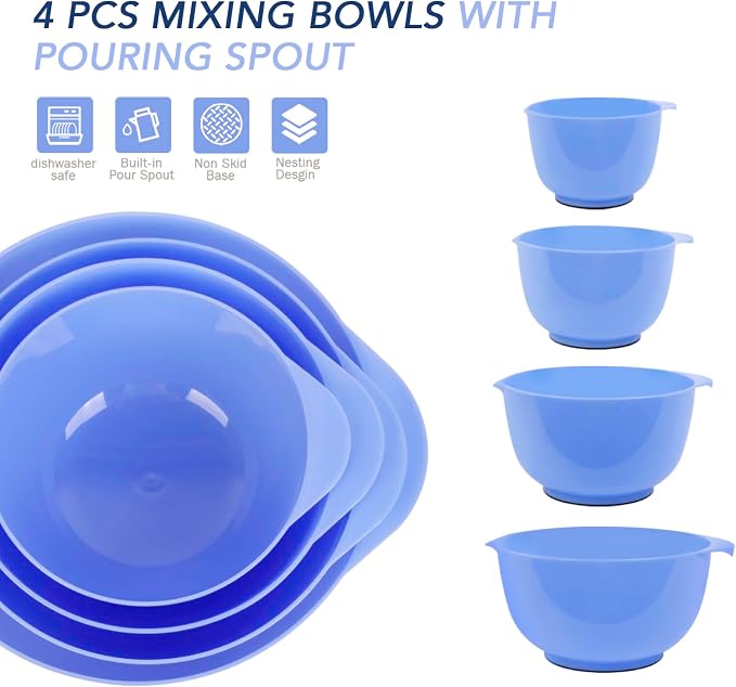 BoxedHome Mixing Bowls Set,BPA-Free Plastic,Anti-slip,4.5, 3.5,2.5.1.7Quart | Microwave and Dishwasher Safe,Nesting Bowls with Pour Spout for kitchen Baking,Salads,Meal Prep,RV,Camping