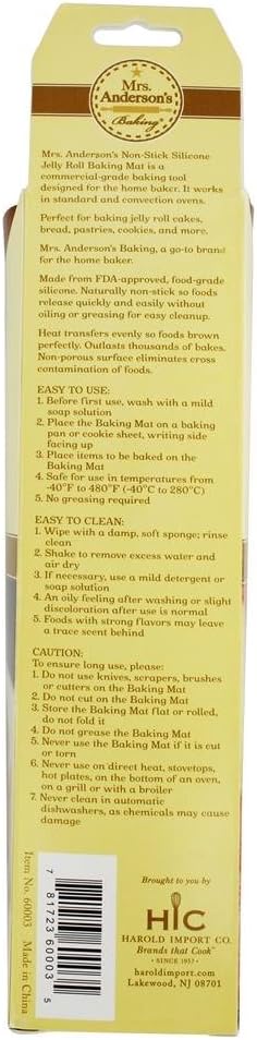 Mrs. Anderson's Baking Non-Stick Silicone Baking Mat - Reusable Oven Liner & Pastry Mat - For Breads, Cookies, Roasting & More - Baker’s Essentials - Heat-Resistant to 480°F - Jelly Roll Baking Mat