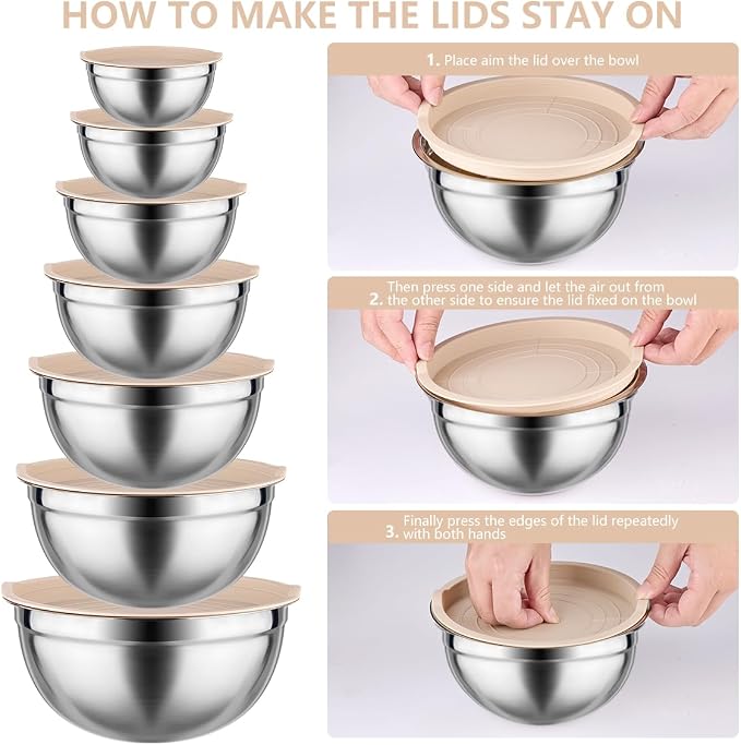 Leidawn Mixing Bowls with Lids Set, 25 PCS Khaki Mixing Bowl for Kitchen | Stainless Steel Nesting Bowls for Baking, Mixing, Serving & Prepping, Size 5, 3.7, 2.8, 2.3, 1.7, 1.1, 0.7QT, 11 Utensils