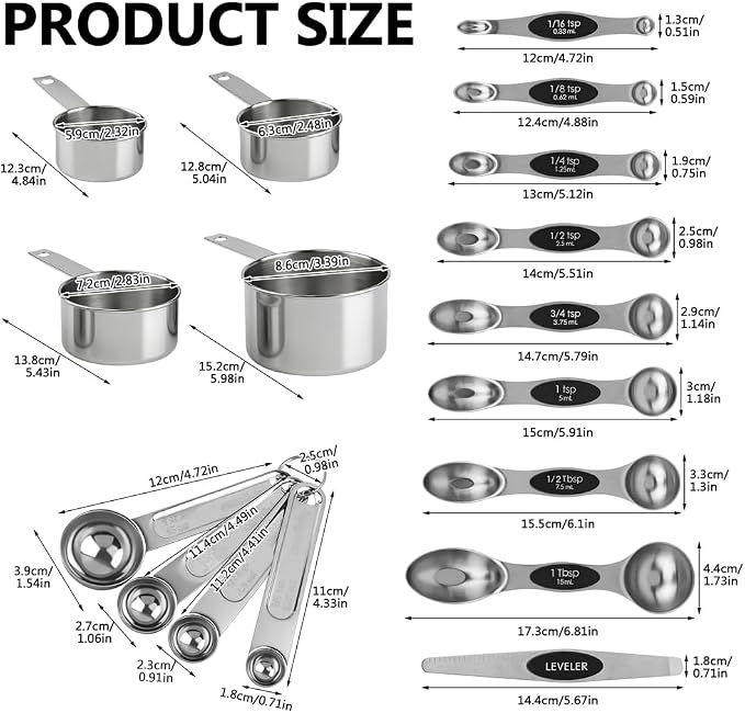 Measuring Cup and Magnetic Measuring Spoons Set, 8 Stainless Steel Nesting Measuring Cup & 8 Double Sided Stackable Magnetic Measuring Spoons & 1 Leveler for Cooking Dry & Liquid Ingredients