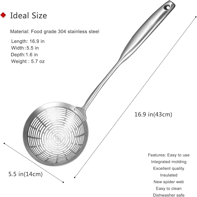Collfa Cooking Skimmer 304 Stainless Steel Spider Strainer Handheld Metal Slotted Spoon With Holes Mesh Ladle For Spaghetti Pasta;Poached Egg;Noodle;Vegetables;Kitchen Frying And Cooking Tools