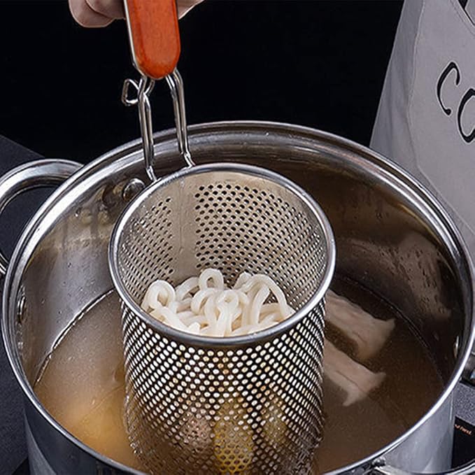 Tenta Kitchen Micro-Perforated Stainless Steel Pasta Basket Mesh Spider Food Dumpling Noodle Strainer,Fine Mesh Skimmer Kitchen Fine Sieve Mesh Strainer with Wooden Handle (Strainer, 12cm)