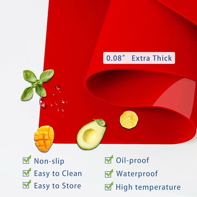 Silicone mats, Food-Grade Non-Slip Heat Resistant Mat Silicone Baking Mat 2MM Thick Pastry Mat,Countertop Protector Mat Hot Pad for Coffee Maker, Air Fryer, Toaster (Red)