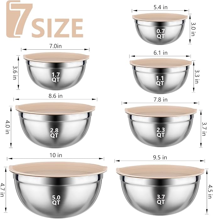 Leidawn Mixing Bowls with Lids Set, 25 PCS Khaki Mixing Bowl for Kitchen | Stainless Steel Nesting Bowls for Baking, Mixing, Serving & Prepping, Size 5, 3.7, 2.8, 2.3, 1.7, 1.1, 0.7QT, 11 Utensils