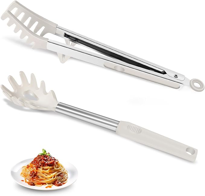 2-Piece Silicone Spaghetti Spoon and Pasta Tong Set, Heat-Resistant Non-Stick Noodle Server with Teeth, 13“ BPA-Free Spaghetti Strainer Fork, Stainless Steel Handle for Pasta Cooking, Beige