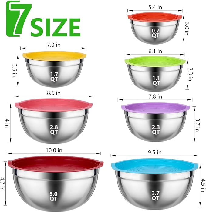 Leidawn Mixing Bowls with Lids Set, 25 PCS Colorful Mixing Bowl for Kitchen | Stainless Steel Nesting Bowls for Baking, Mixing, Serving & Prepping, Size 5, 3.7, 2.8, 2.3, 1.7, 1.1, 0.7QT, 11 Utensils