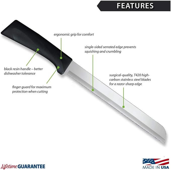 Rada Cutlery Anthem Series 8" Bread Knife (W443), Stainless Steel Serrated Blade, Black Handle
