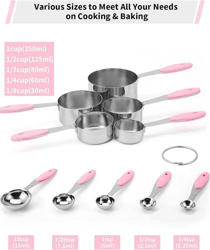 Joyhill Stainless Steel Measuring Cups and Spoons Set of 10 Piece, Nesting Metal Measuring Cups Set with Soft Touch Silicone Handles for Dry and Liquid Ingredients, Cooking & Baking (Pink) | BPA-Free Silicone Handles, Etched Markings, Nestable Design, ...
