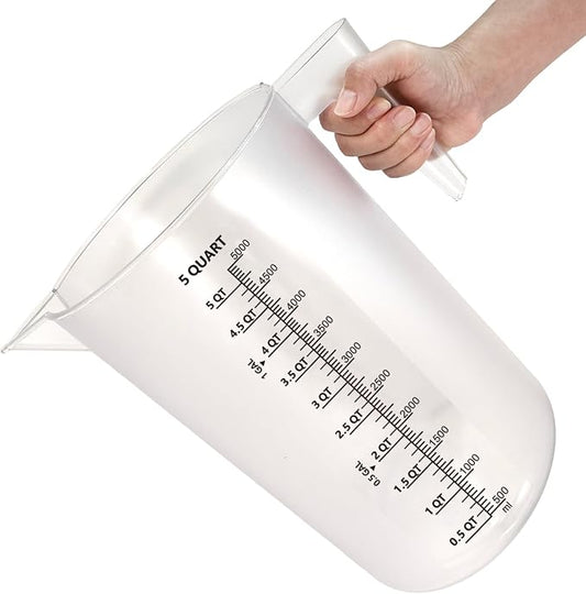 1 Gallon / 5 Quart / 5000 ml Large Plastic Measuring Pitcher with Handle, Clear Heavy Duty Mixing Pitcher with mL/QT/GAL Markings for Garden, Pool Chemicals, Motor Oil & Kitchen